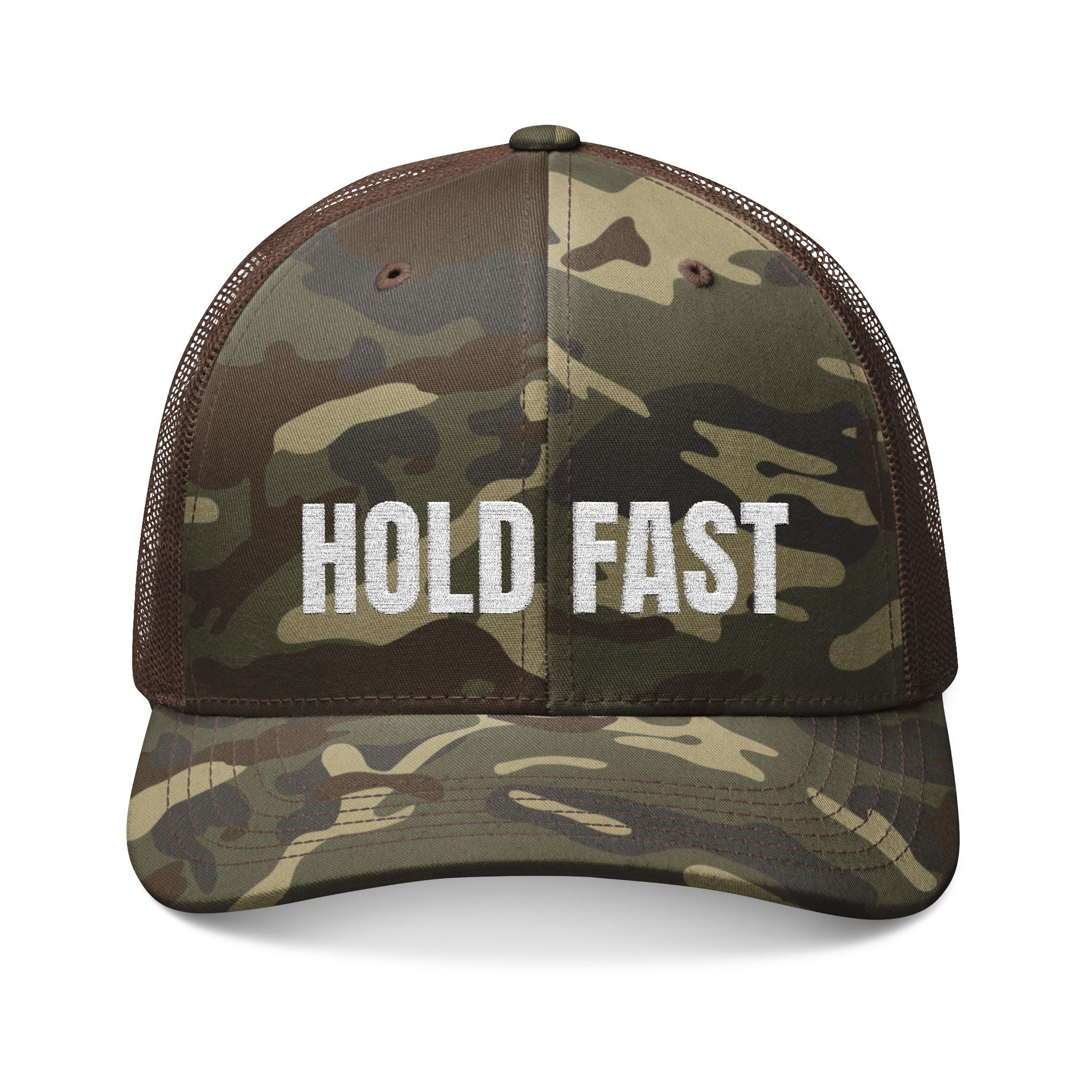 Hold Fast Camouflage Trucker Hat — Embroidered Camo Mesh Cap