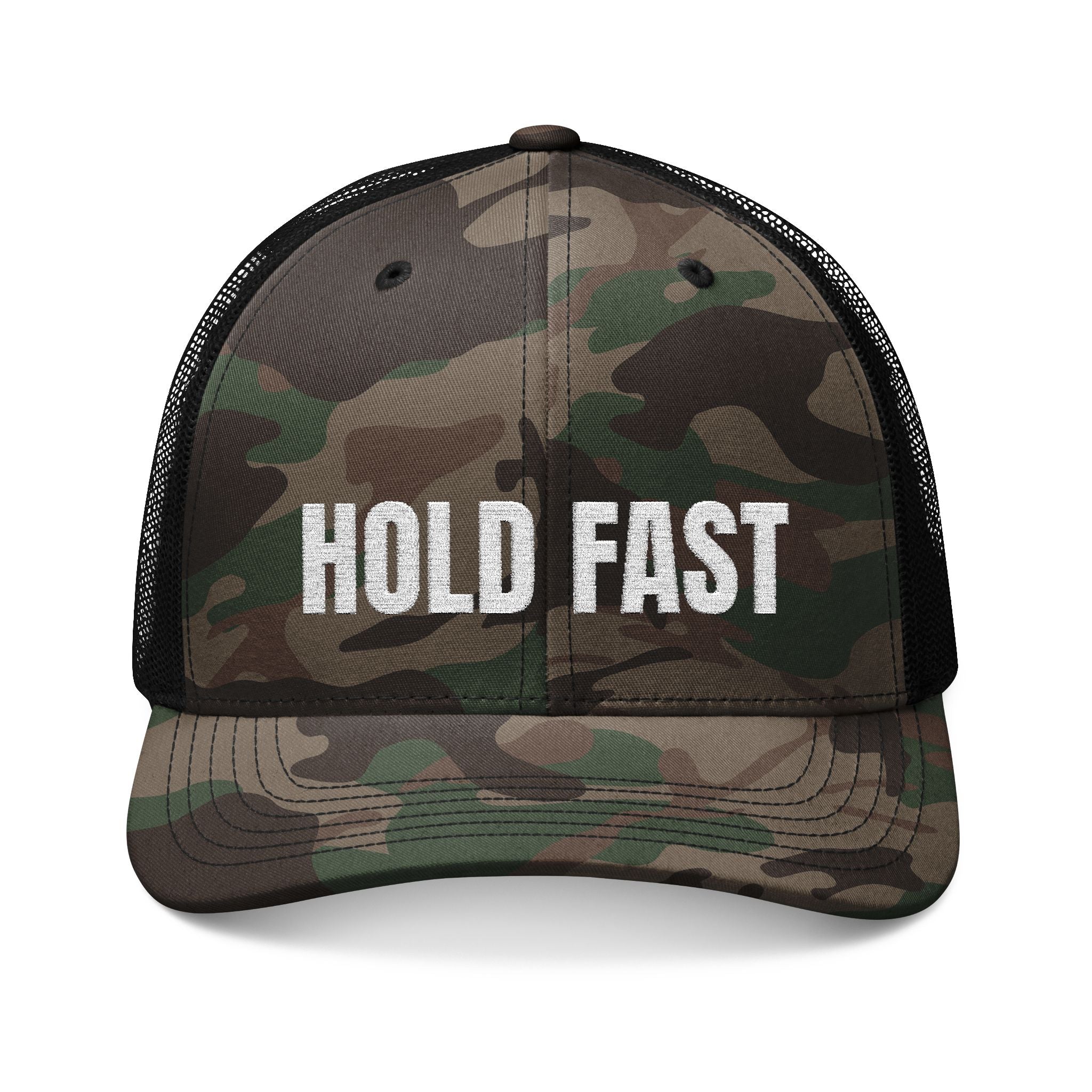 Hold Fast Camouflage Trucker Hat — Embroidered Camo Mesh Cap