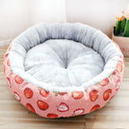 Padded pet litter bed featuring soft Arctic fleece, durable linen canvas, and a strawberry design for ultimate comfort.