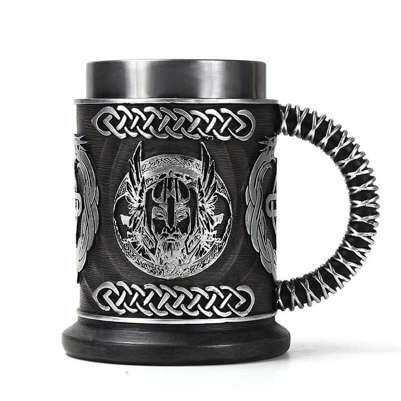 Minimalist beer mugs featuring a vintage God of War design with intricate detailing and stainless steel construction.