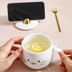Cat Ceramic Phone Holder Mug With Cover And Spoon - Imagen de producto