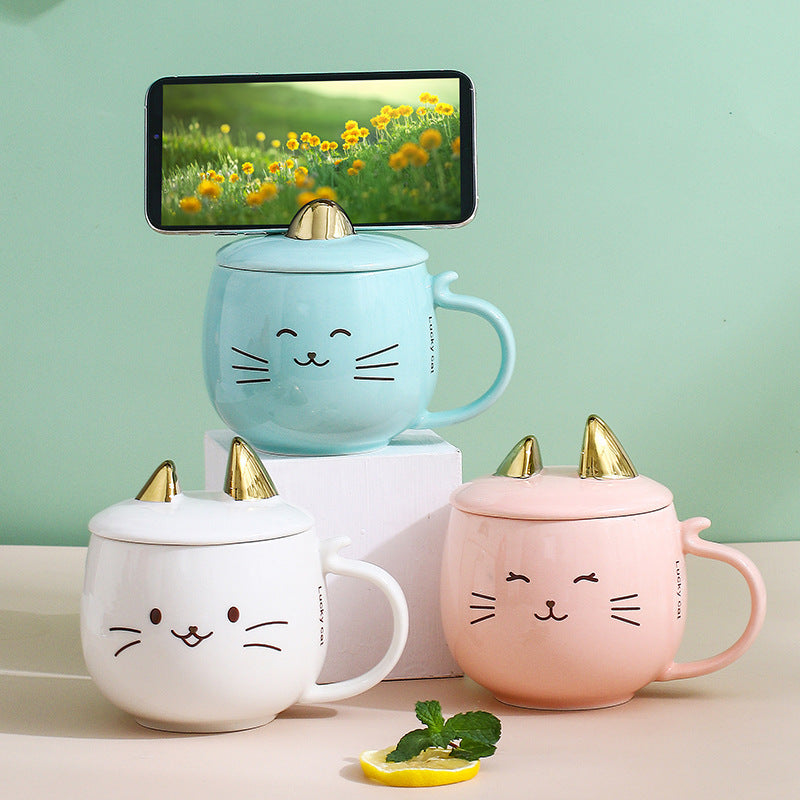 Cat Ceramic Phone Holder Mug With Cover And Spoon - Imagen de producto