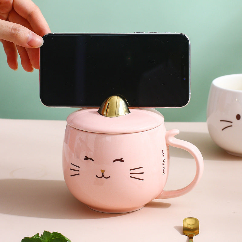 Cat Ceramic Phone Holder Mug With Cover And Spoon - Imagen de producto
