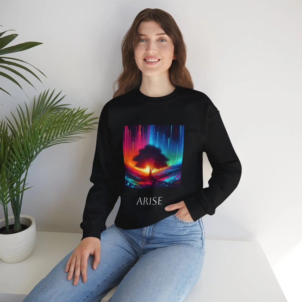 Colorful Tree Vibe Crewneck Sweatshirt - 'ARISE' Inspirational Design