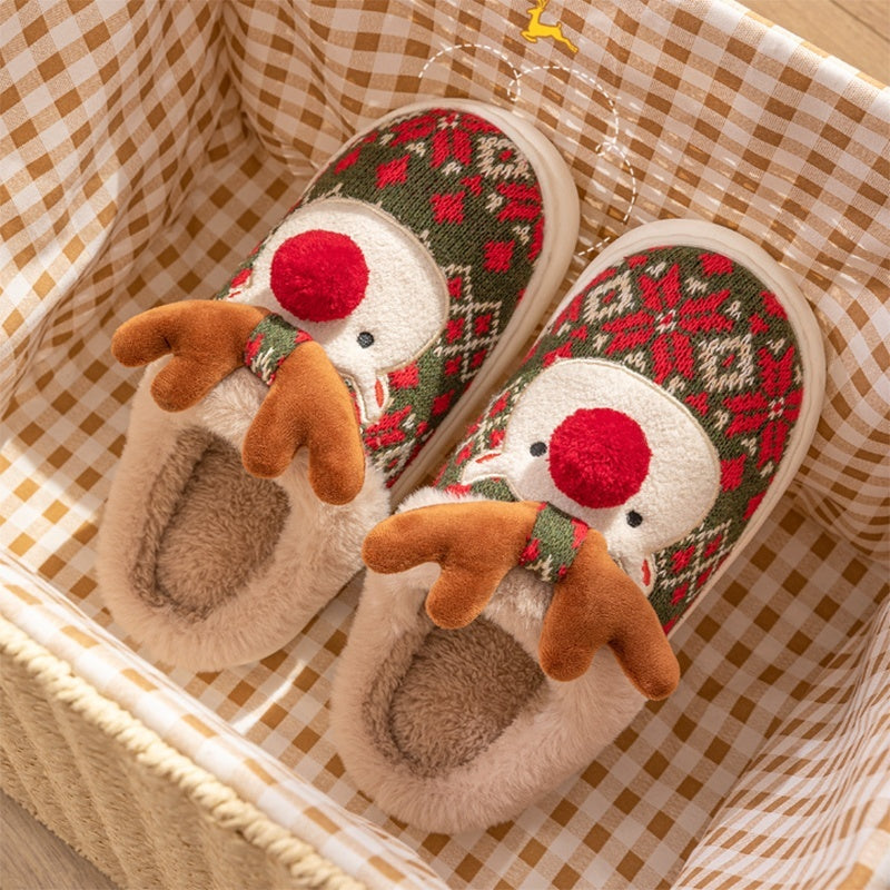 Cute Christmas Elk Plush Slippers for Women | Non-Slip Fuzzy