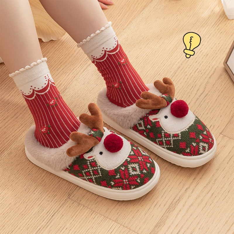 Cute Christmas Elk Plush Slippers for Women | Non-Slip Fuzzy