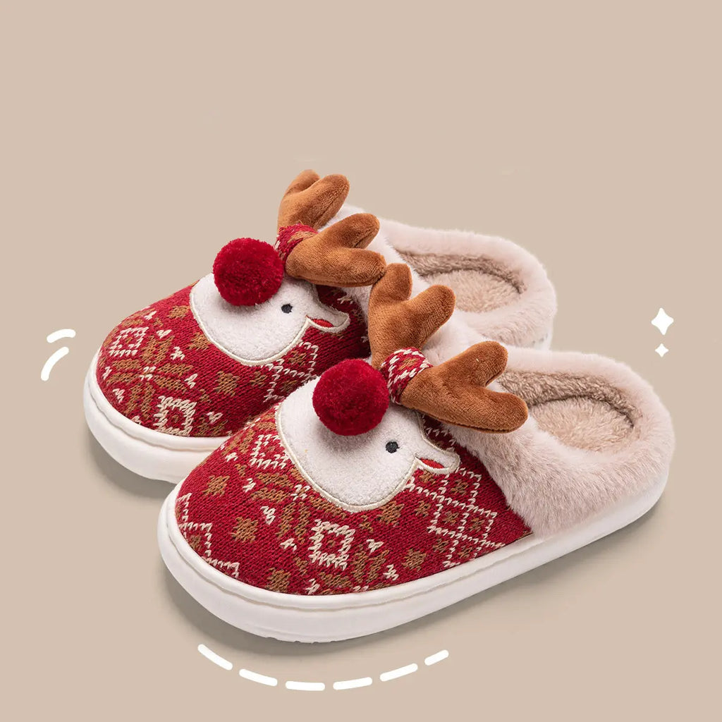 Cute Christmas Elk Plush Slippers for Women | Non-Slip Fuzzy