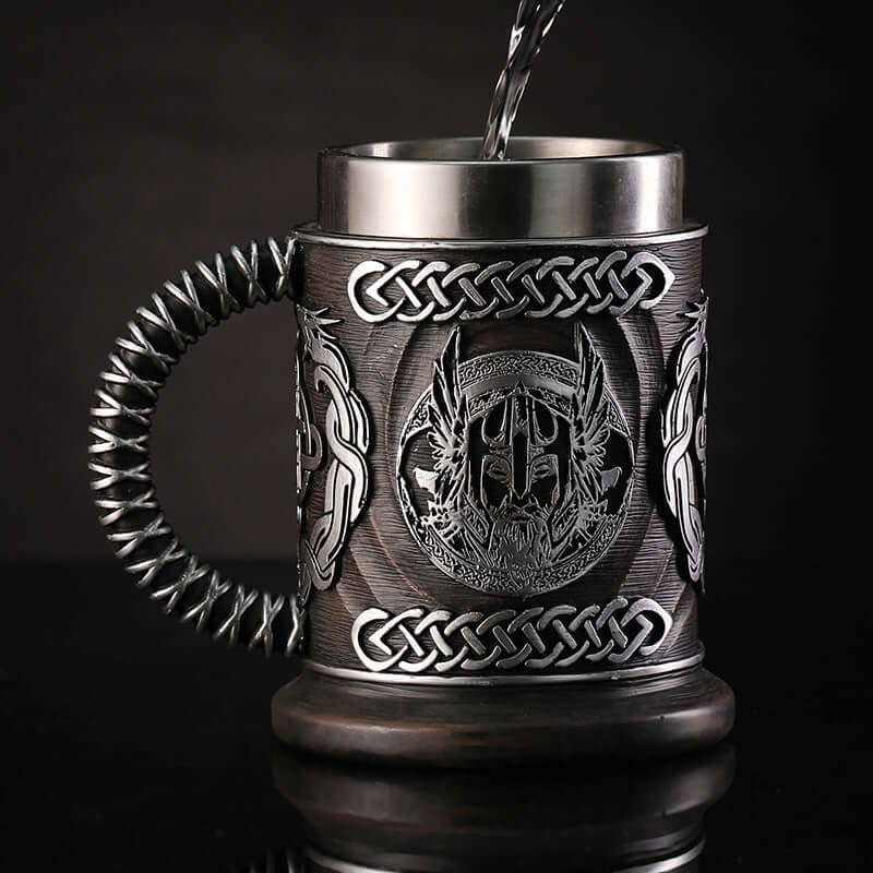 Minimalist beer mugs with intricate Viking-inspired design, perfect for style and functionality in home settings.